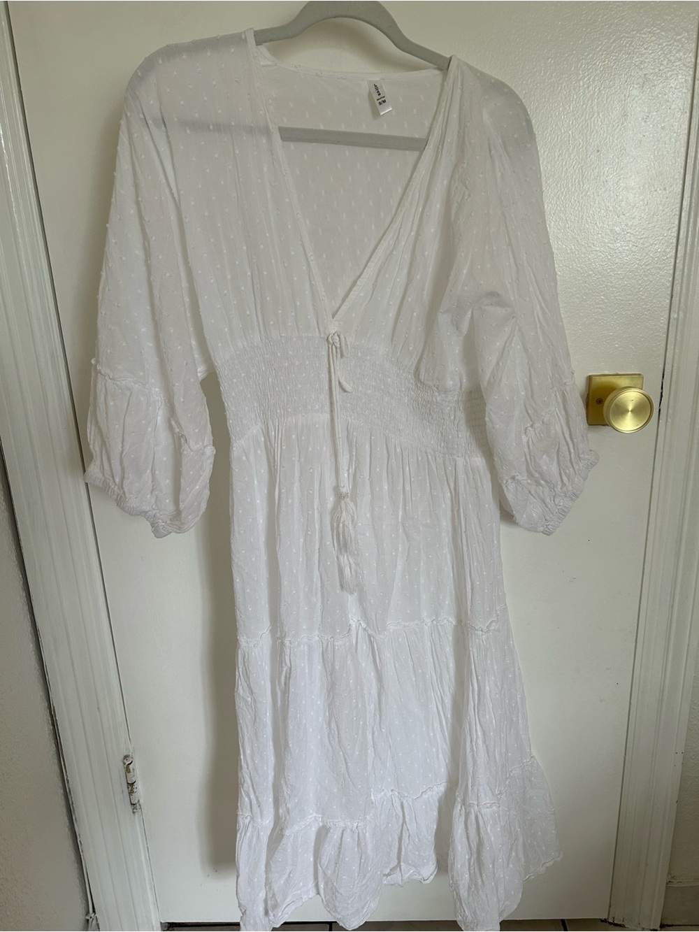 White V-Neck Smocked Waist Midi Dress